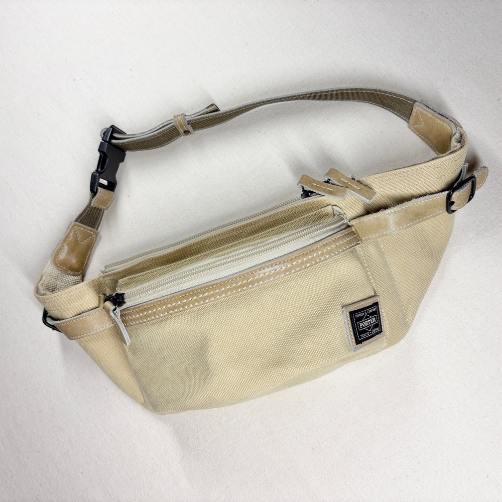 Porter Yoshida Duck Canvas Waist-bag Fanny Pack Beige Padded Buckle Closure